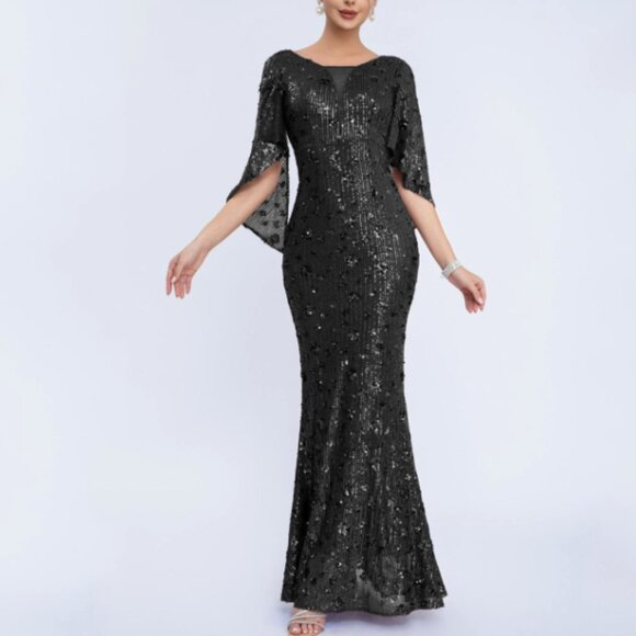 Black Sequin Mermaid Gown Flutter Sleeve Formal Evening Dress - Picture 3 of 3
